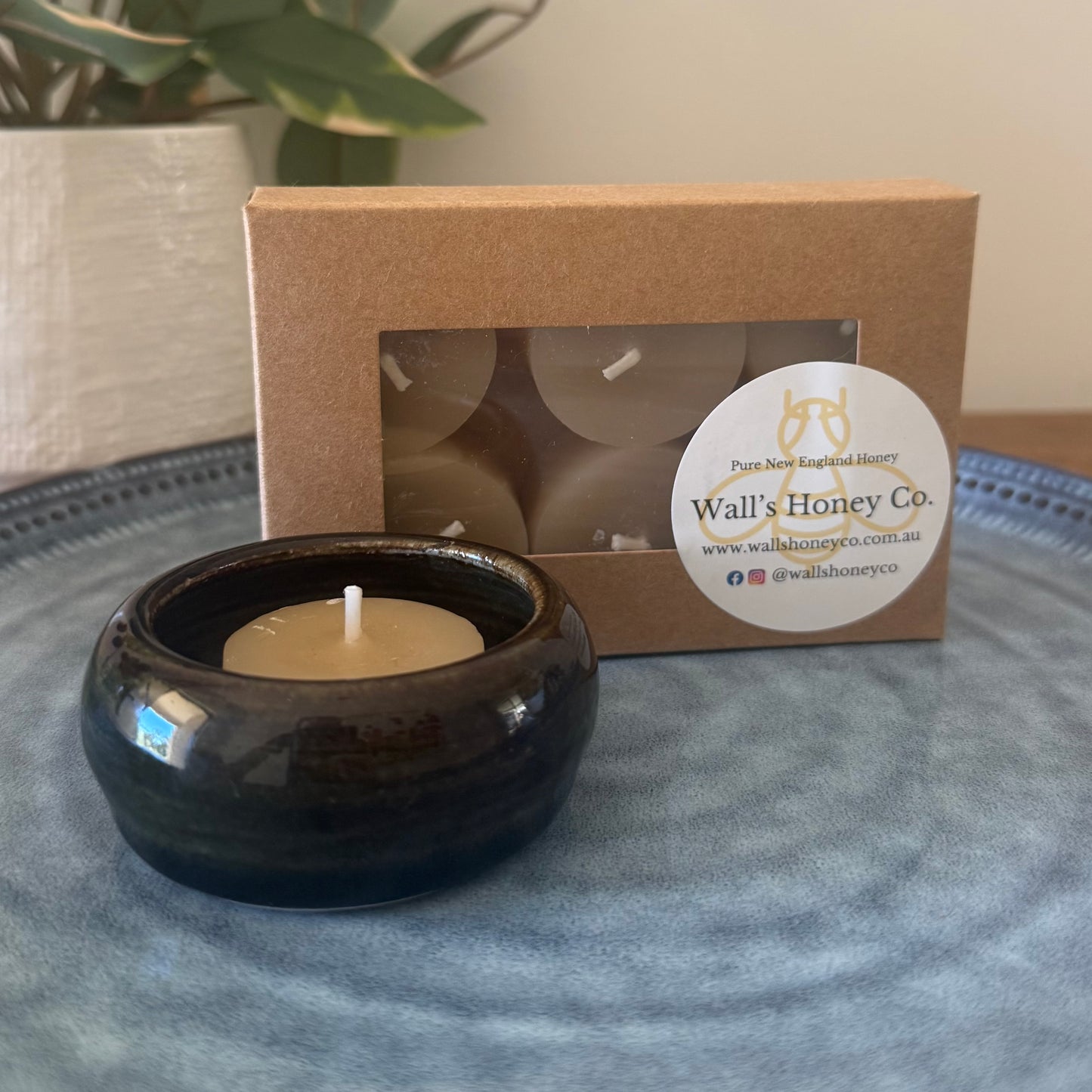 “Cody” Pottery Tall Tea Light Beeswax Candle Holder and Pack of 6 candles