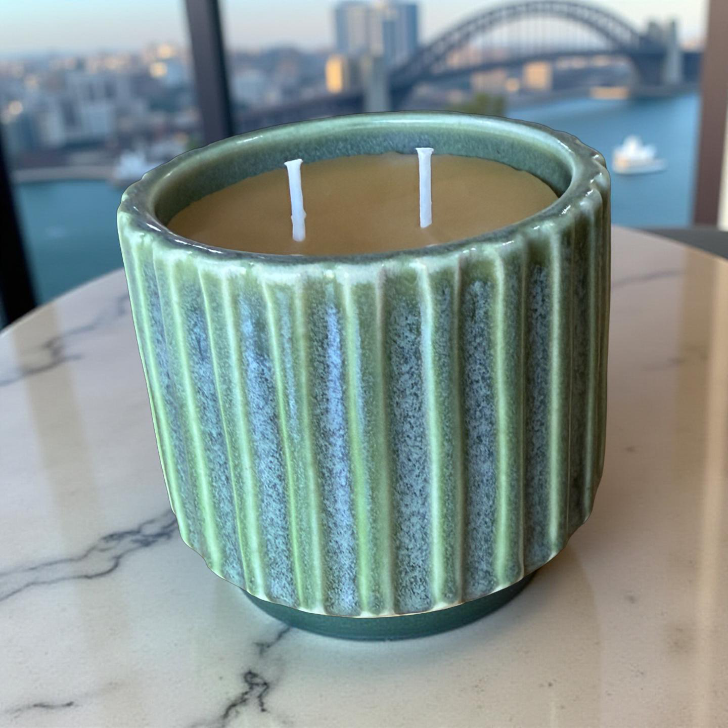 “Fern Field” pure beeswax candle in local pottery
