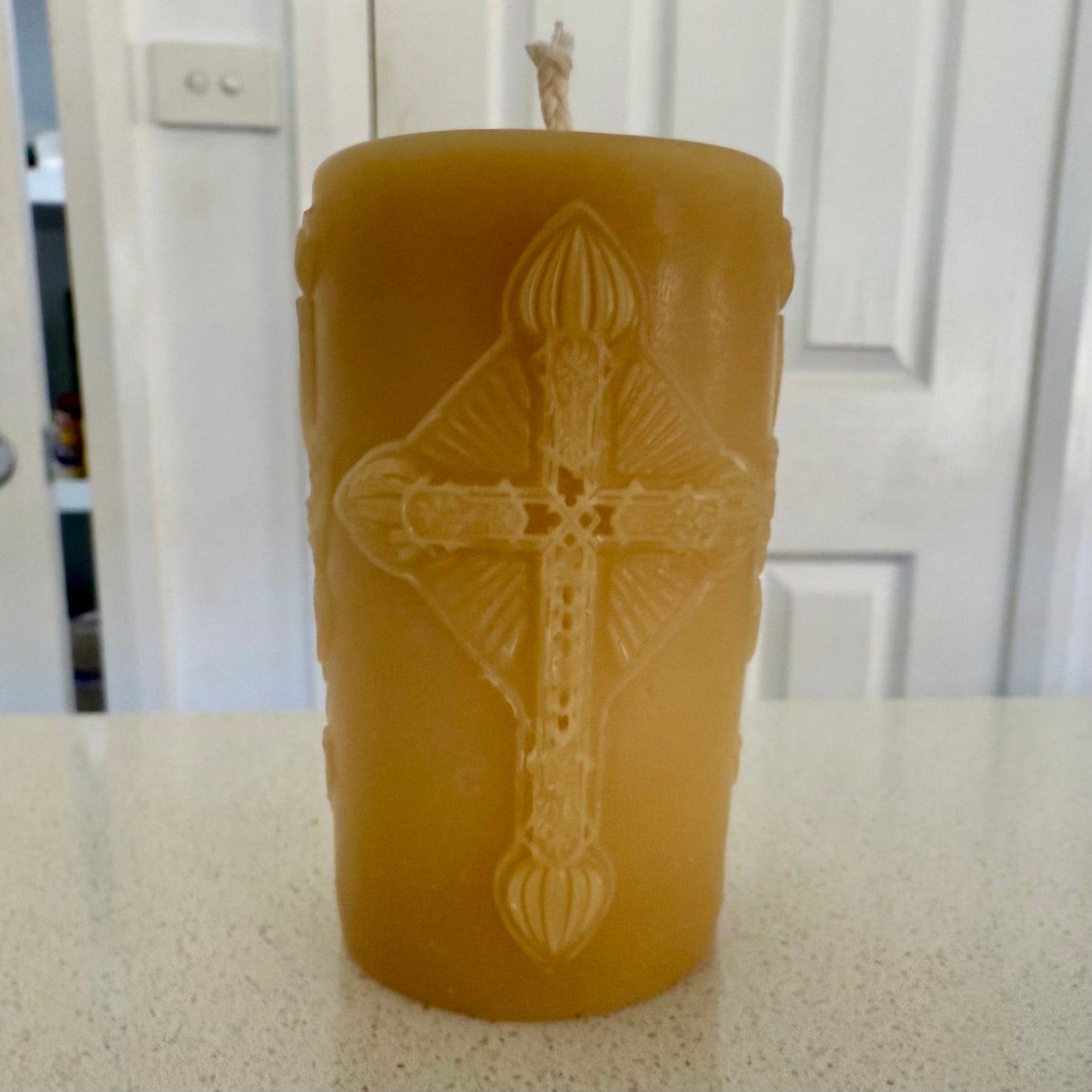 Pure Beeswax Candle with Image of Jesus and Ornate Cross
