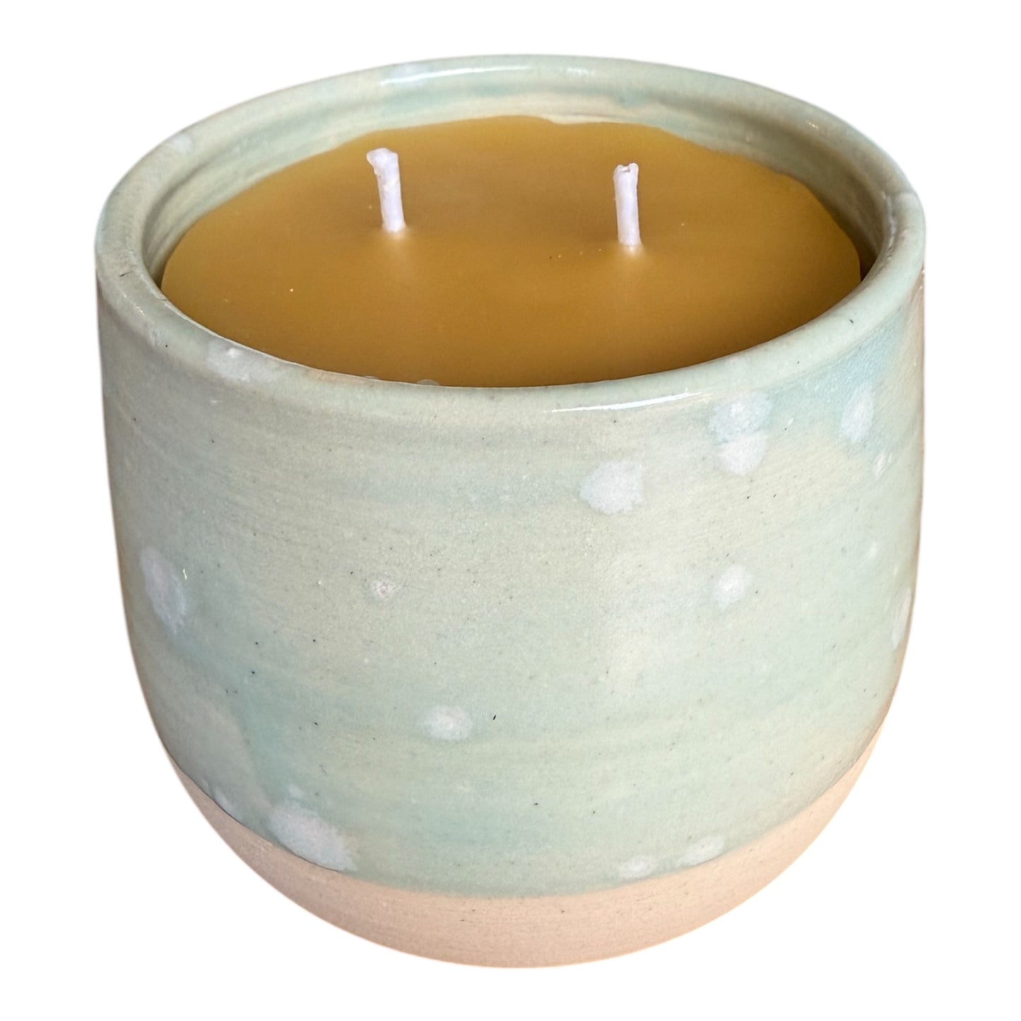 “Sea Foam” pure beeswax candle in local pottery