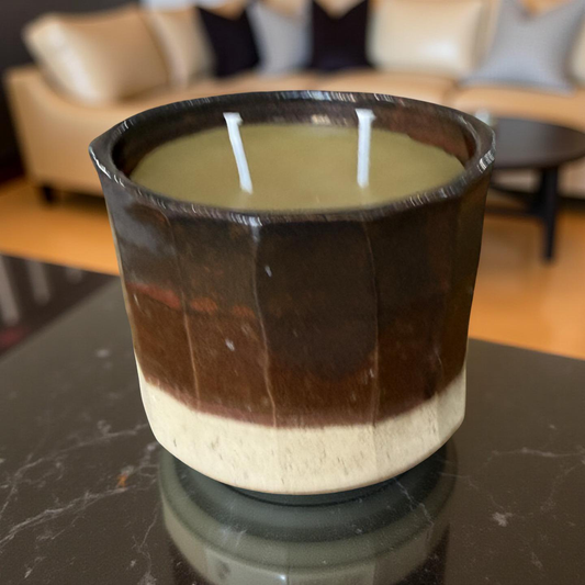 “Mocha” pure beeswax candle in local pottery