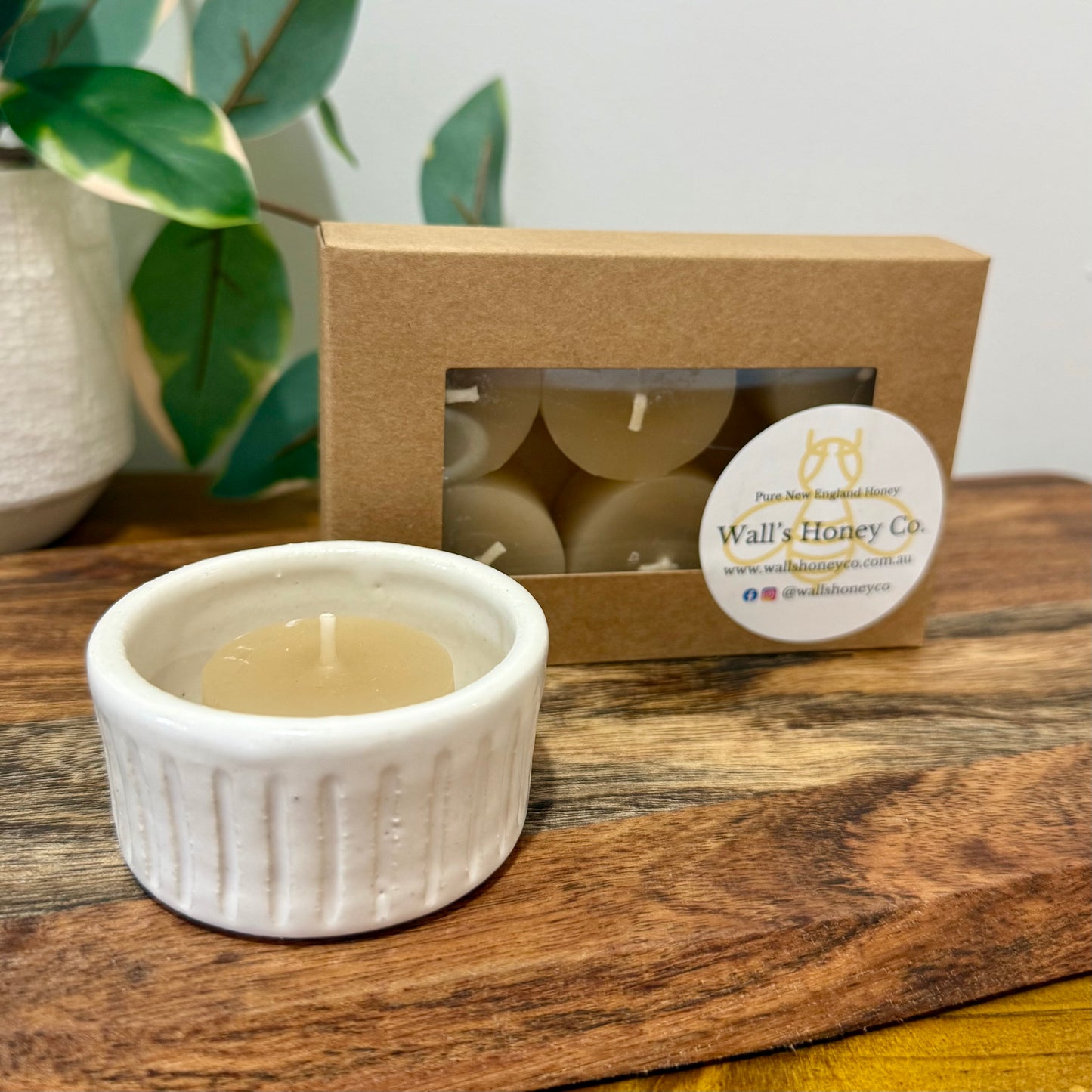 “Arbor” Pottery Tall Tea Light Beeswax Candle Holder and Pack of 6 candles