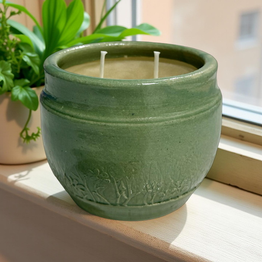 “Vivienne” pure beeswax candle in local pottery