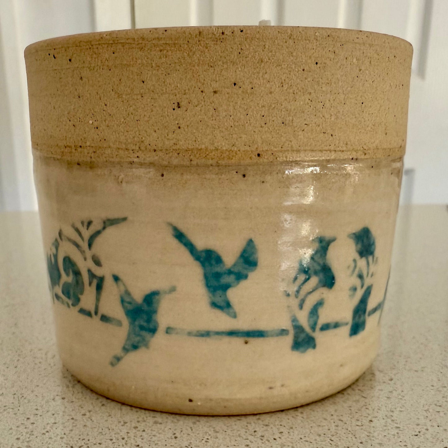“Blue Birds” pure beeswax candle in local pottery