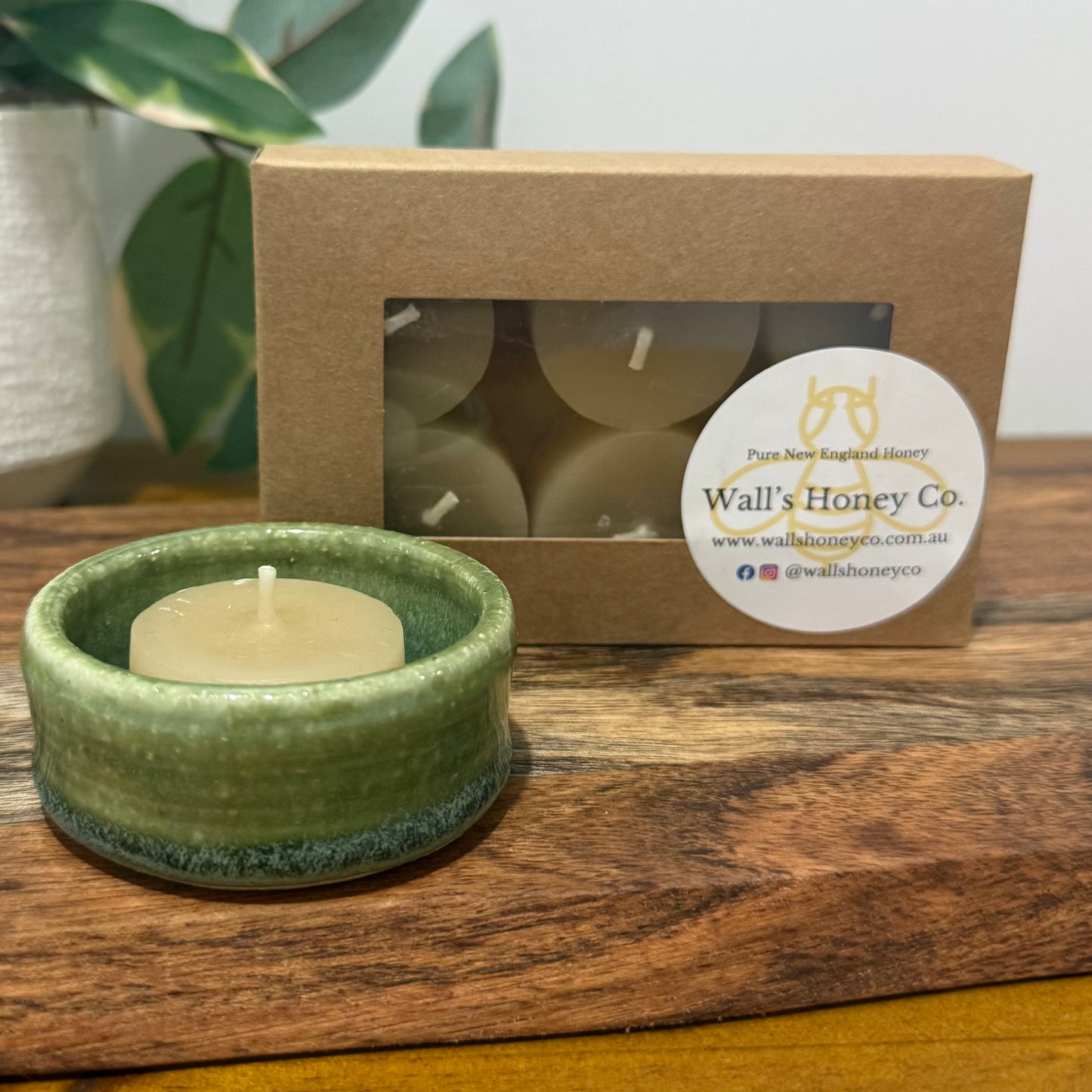 “Theodora” Pottery Tall Tea Light Beeswax Candle Holder and Pack of 6 candles