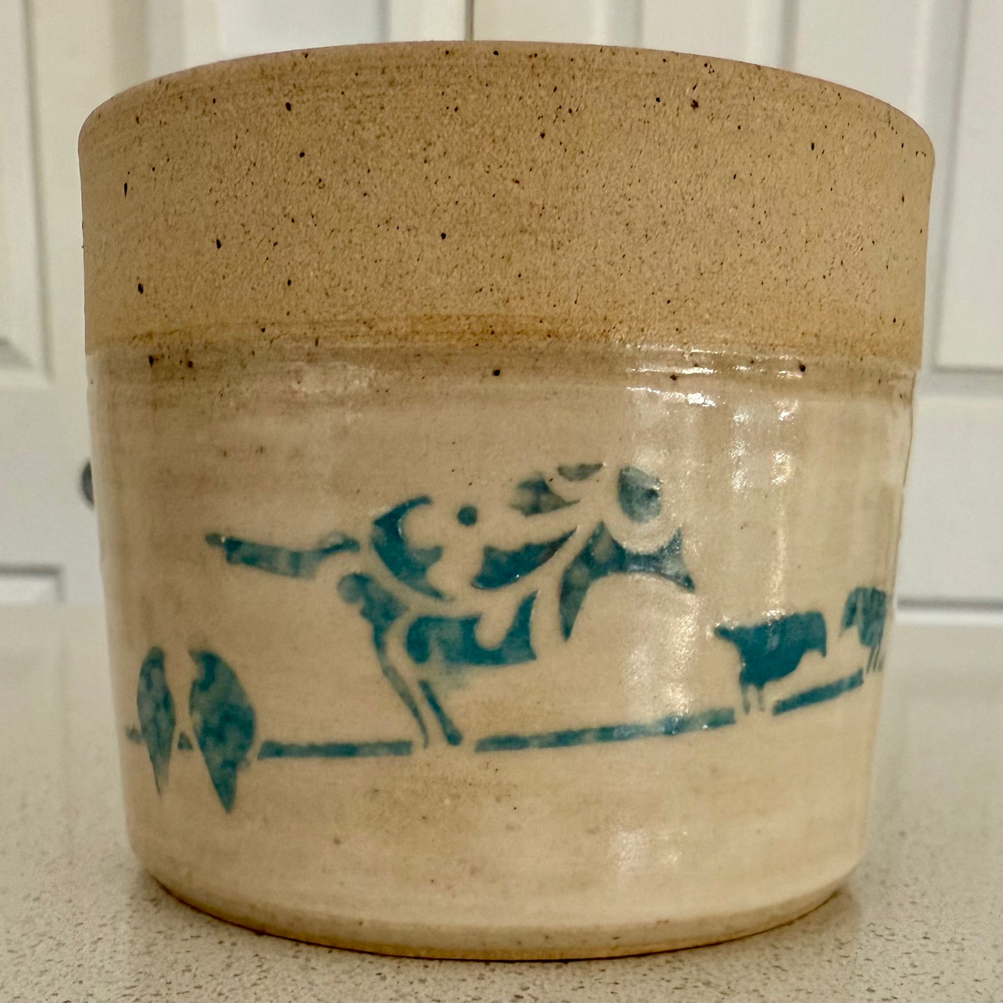 “Blue Birds” pure beeswax candle in local pottery