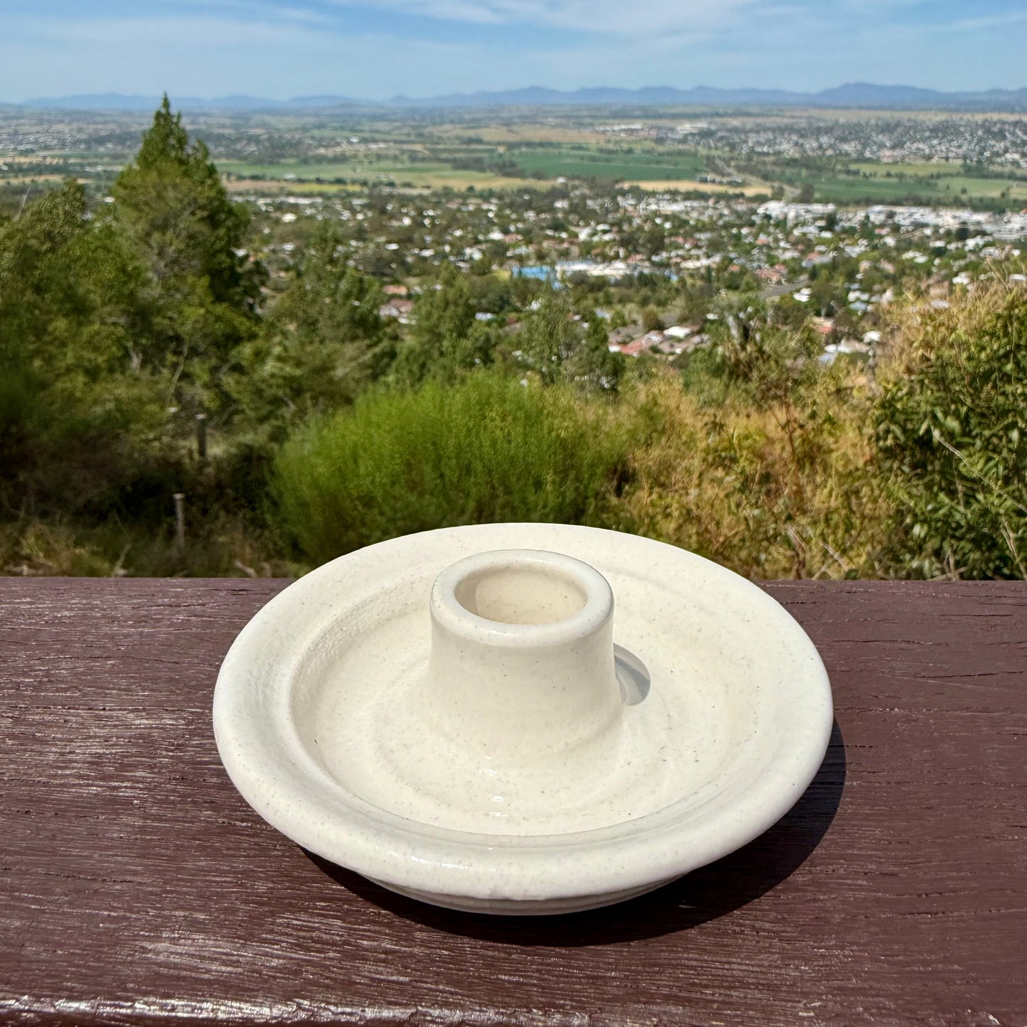 “Lillian” Locally Made Pottery Dinner Candle Holder (with rolled or taper pure beeswax candle).