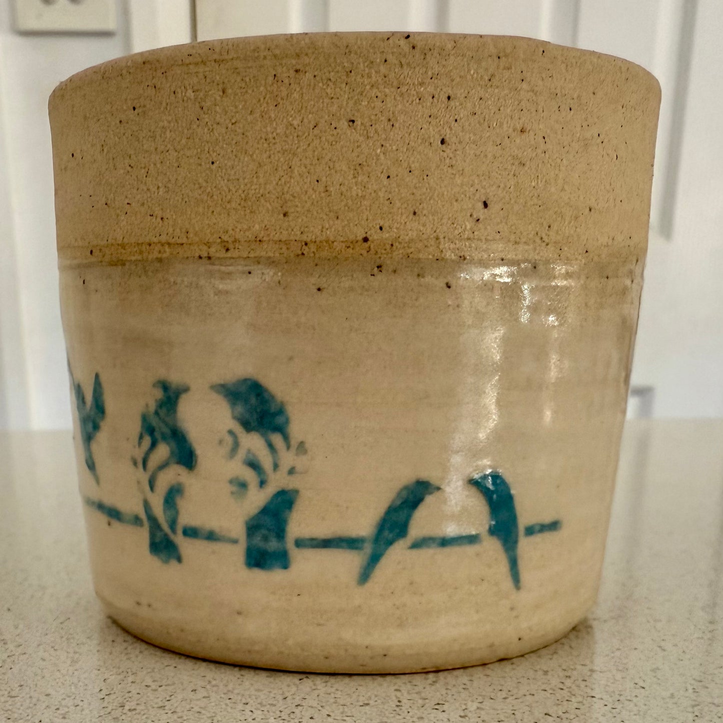 “Blue Birds” pure beeswax candle in local pottery