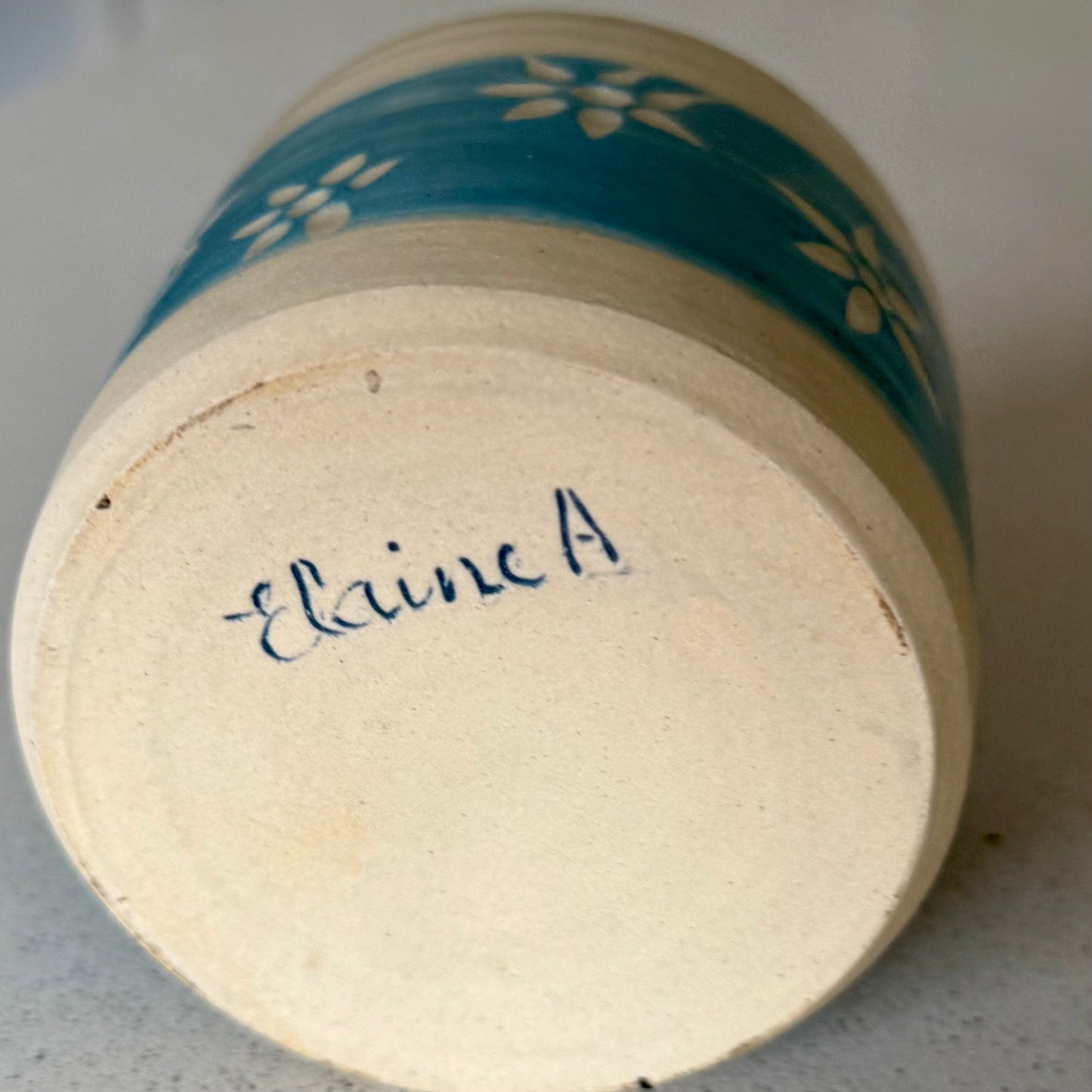 “Spotty Bleu” pure beeswax candle in local pottery