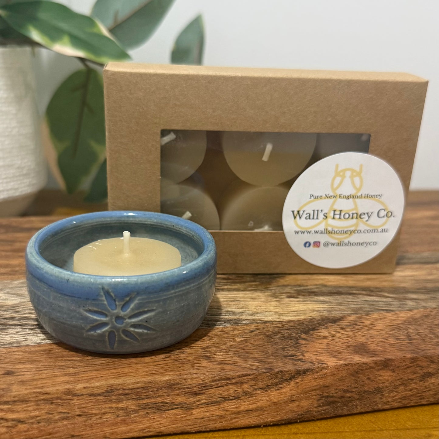 “Bloom” Pottery Tall Tea Light Beeswax Candle Holder and Pack of 6 candles