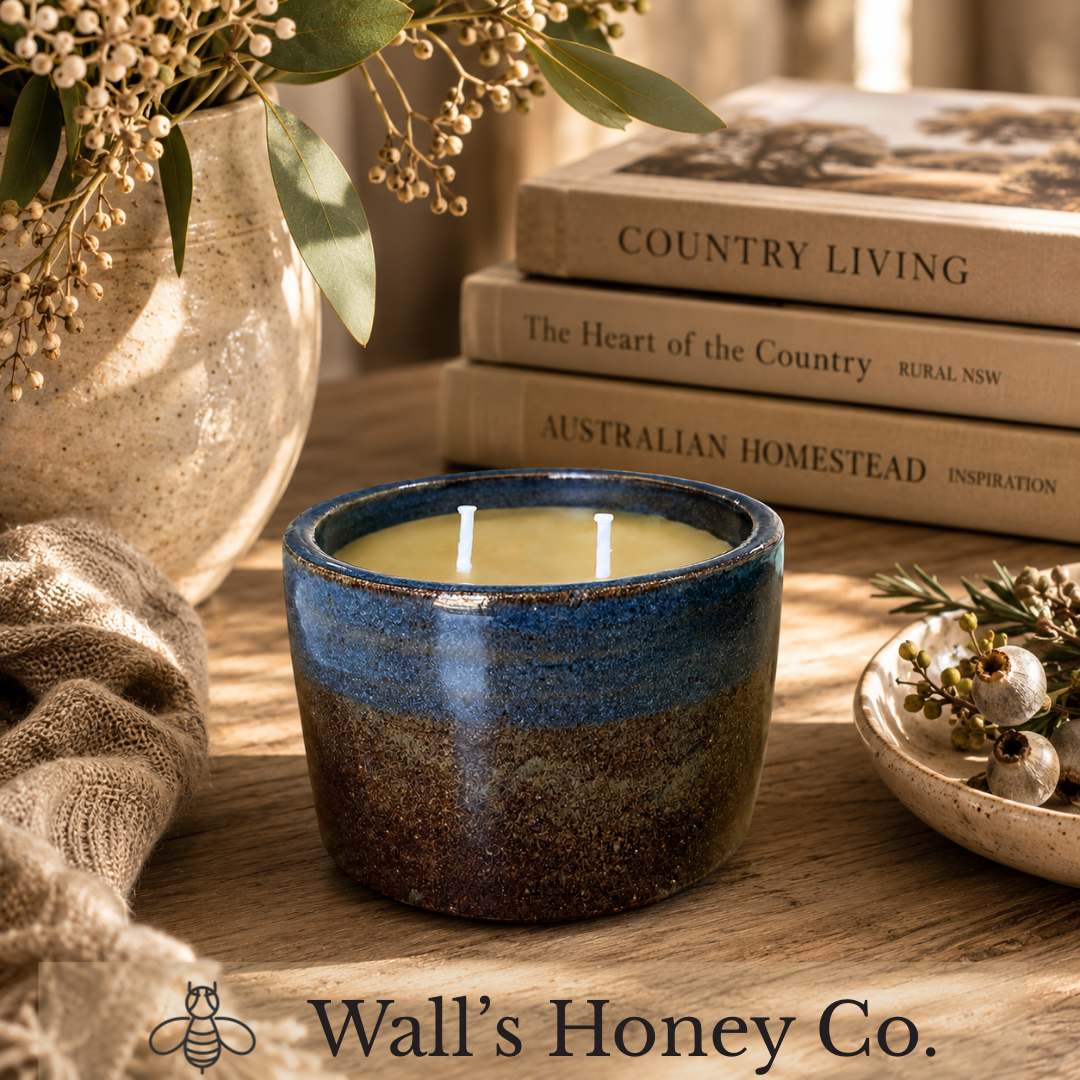 “Earth Meets Sky” pure beeswax candle in local pottery