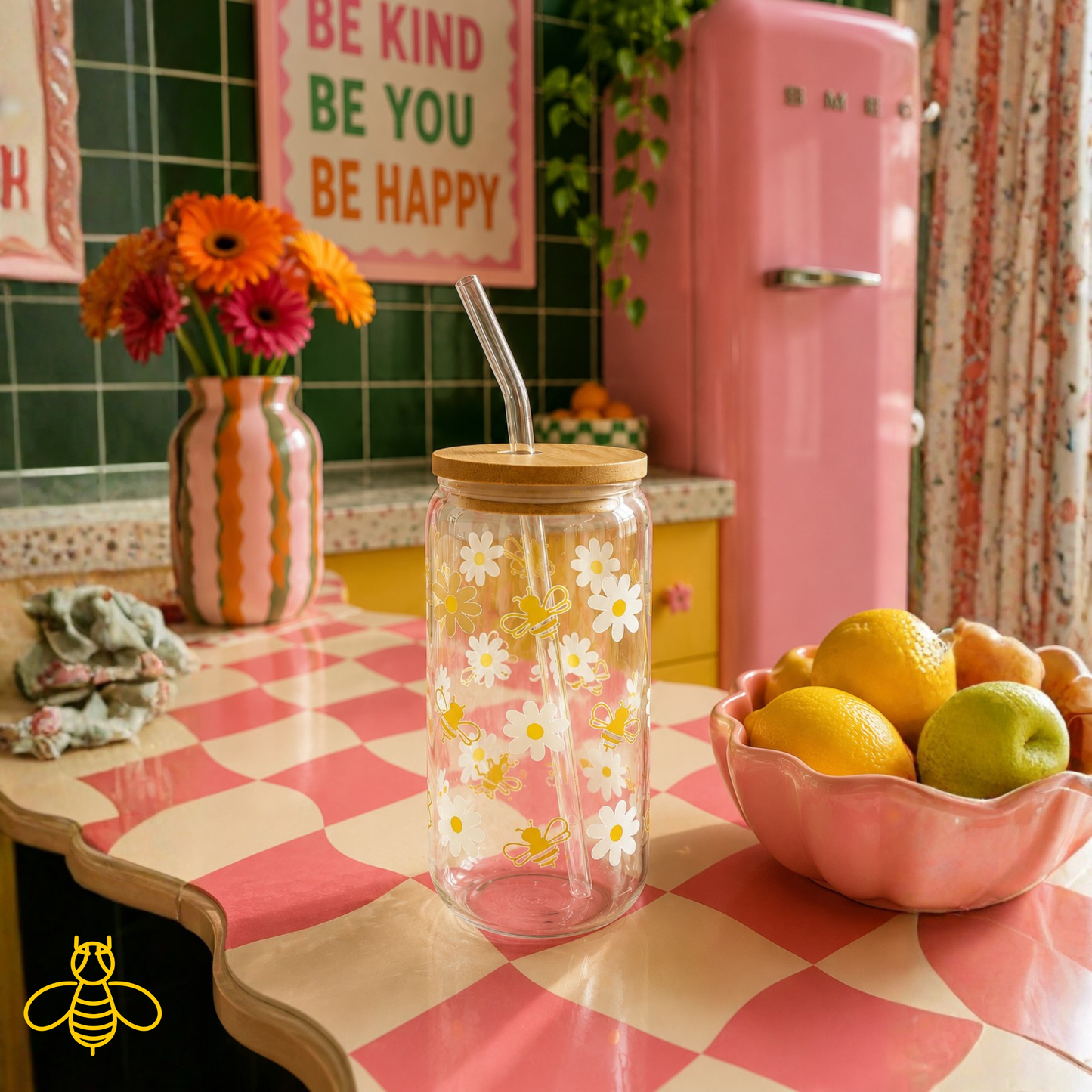 Bee & Daisy Pattern Drinking Glass