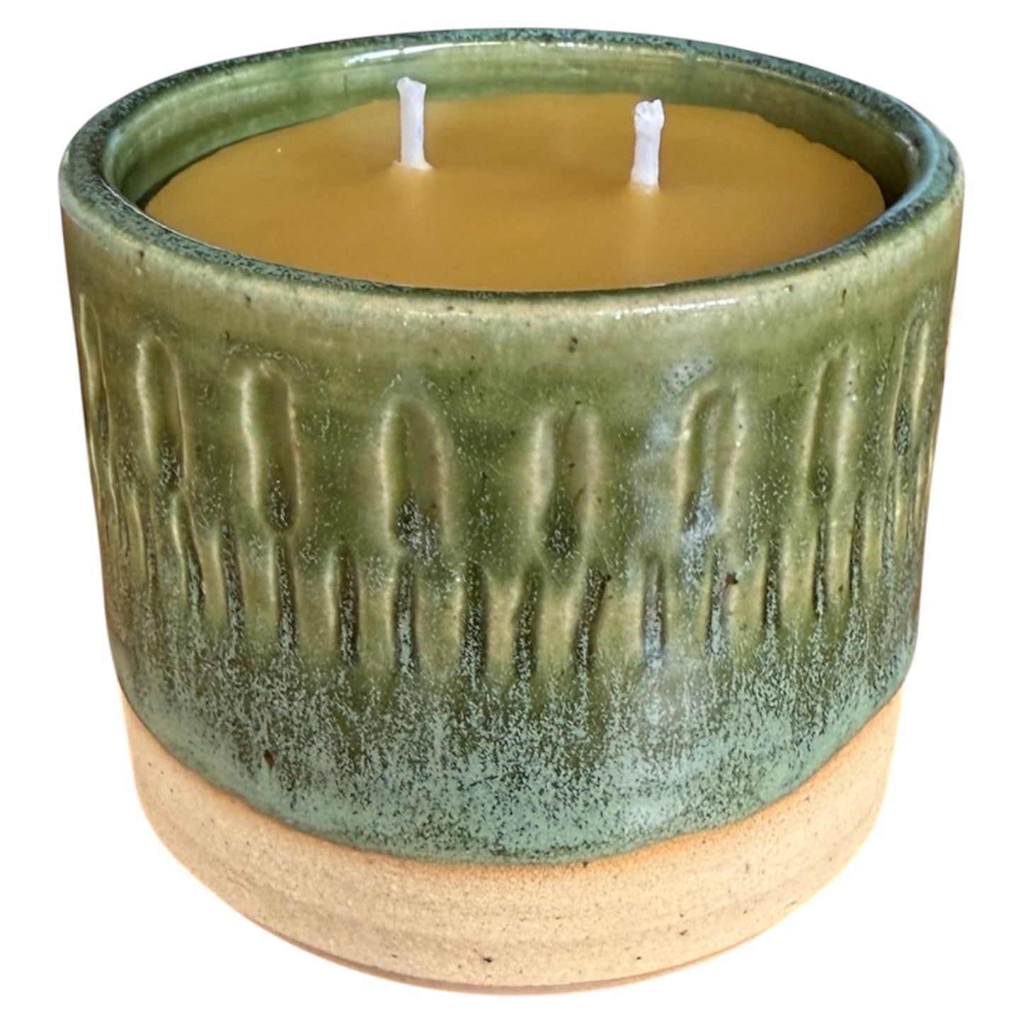 “Emerald Ember” pure beeswax candle in local pottery