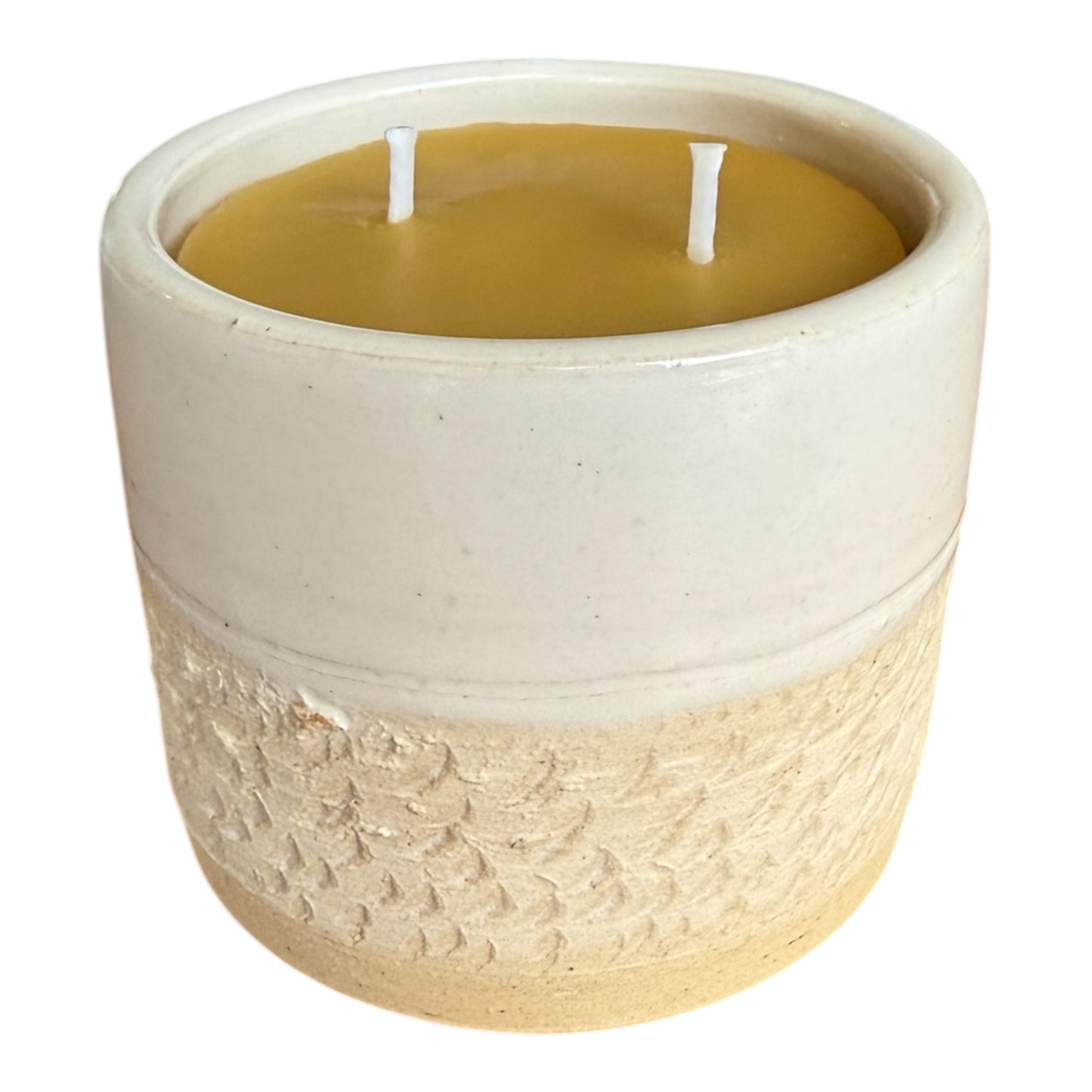 “Sand & Stone” pure beeswax candle in local pottery