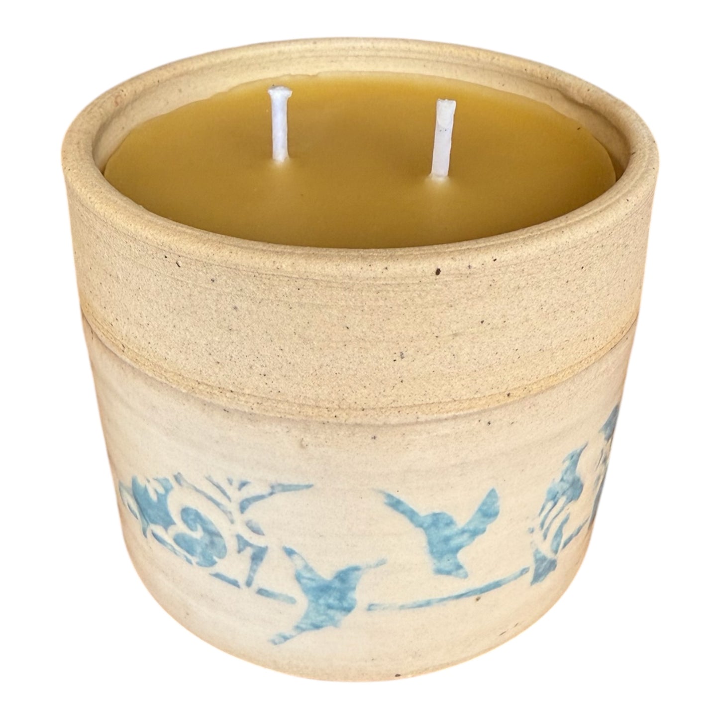“Blue Birds” pure beeswax candle in local pottery