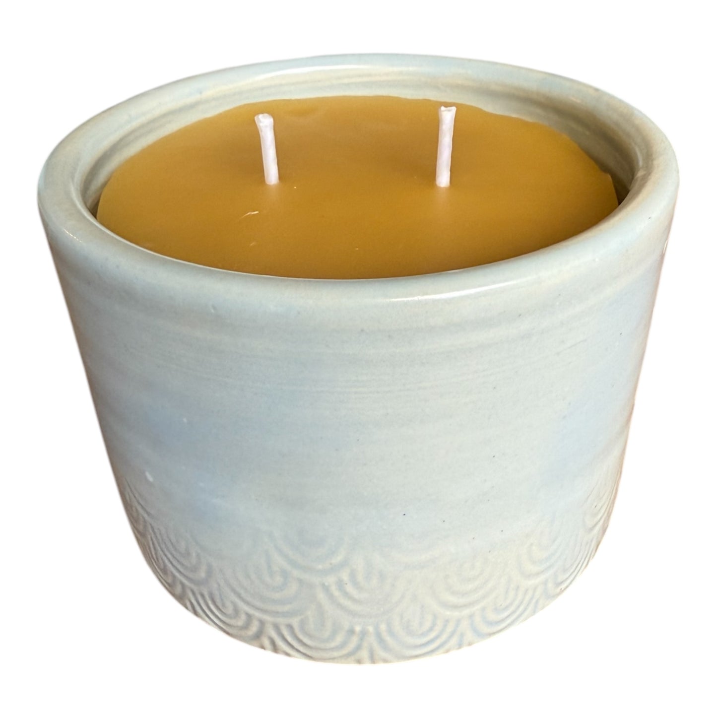 “Mermaid Tail” pure beeswax candle in local pottery
