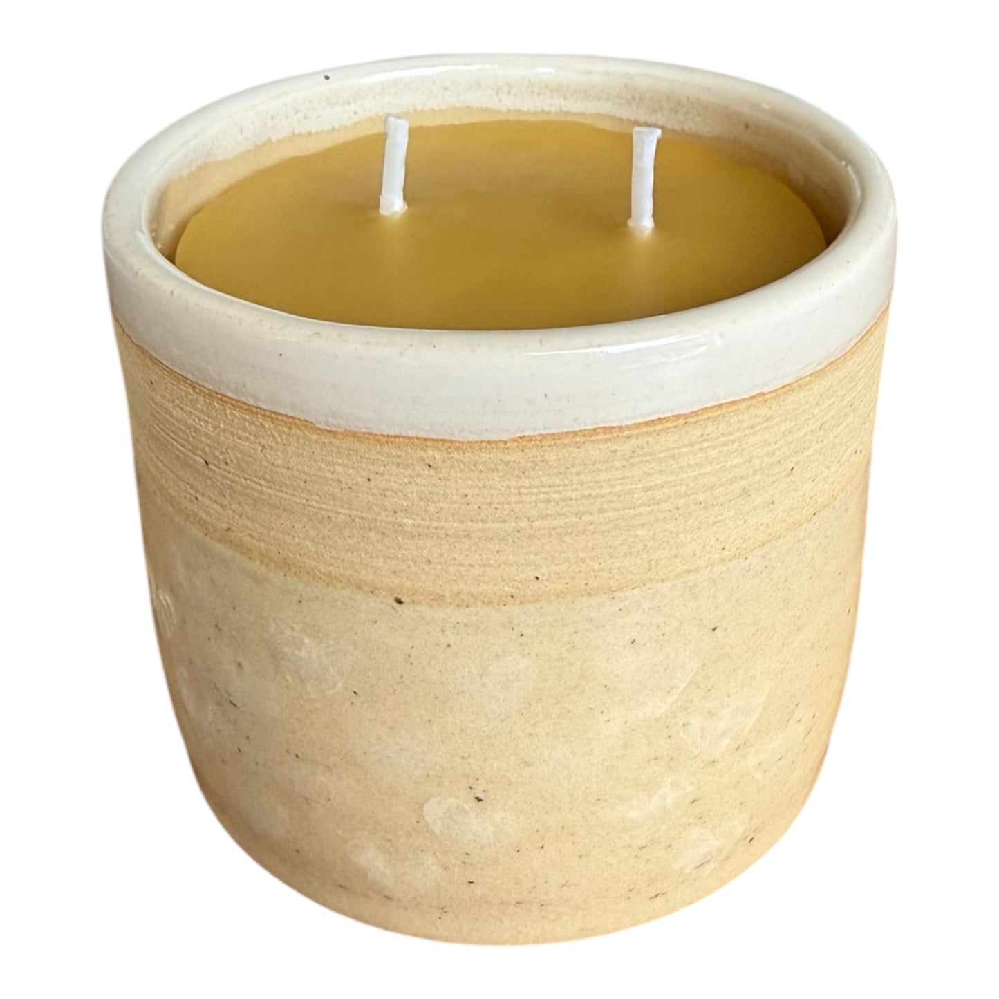 “Beach Love” pure beeswax candle in local pottery **discounted due to glaze drip**