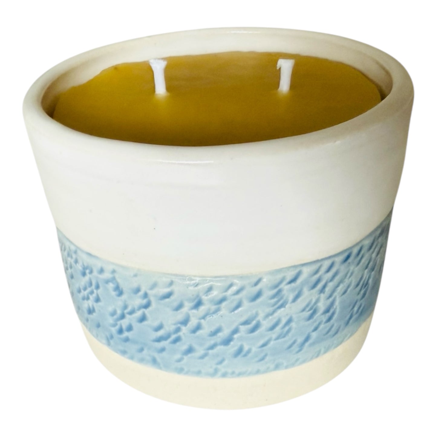 “River Rapids” pure beeswax candle in local pottery