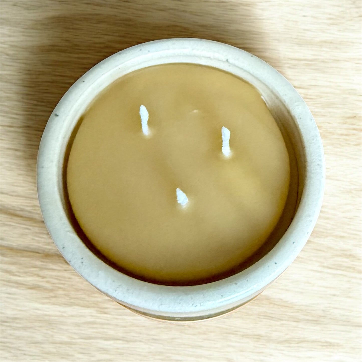 “Wild Lemongrass” pure beeswax candle in local pottery