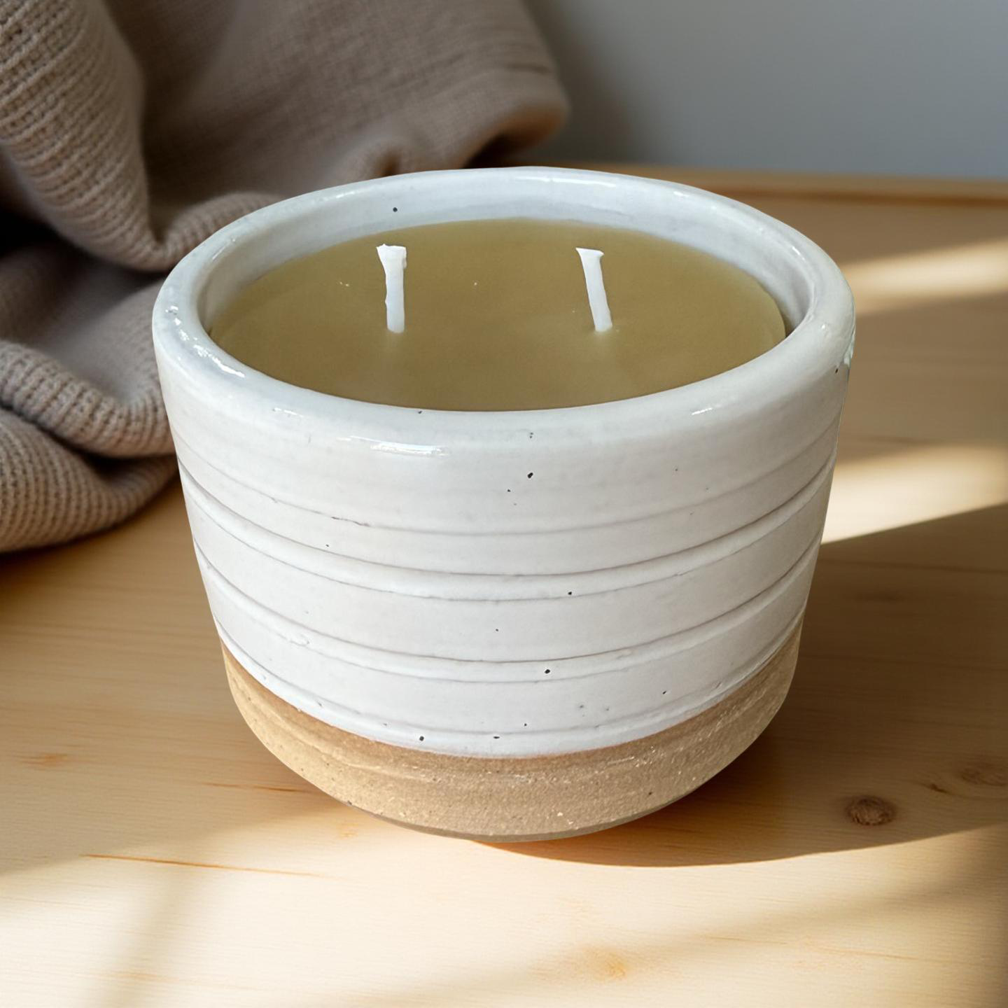 “Catherine” pure beeswax candle in local pottery
