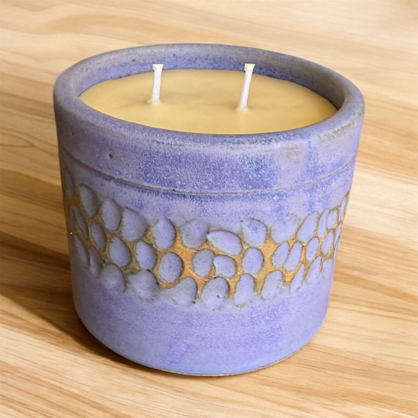 “Lavender Luxe” pure beeswax candle in local pottery