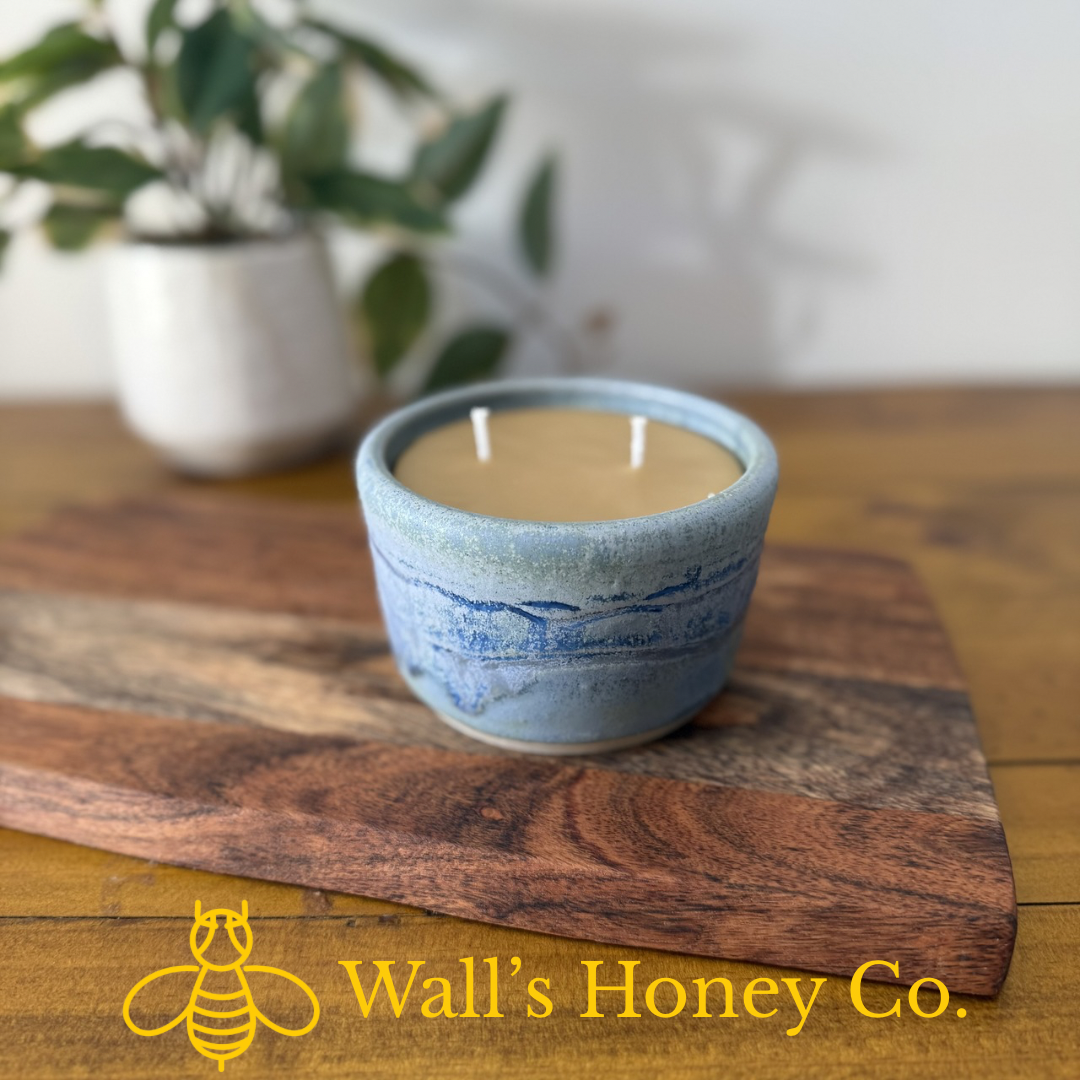 “Isla” pure beeswax candle in local pottery