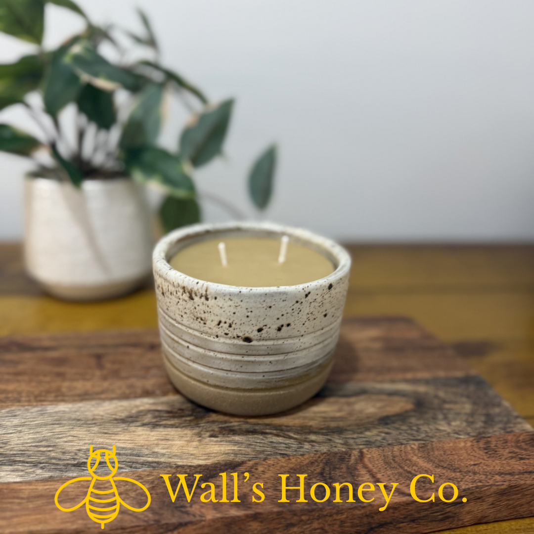 “Millie” pure beeswax candle in local pottery
