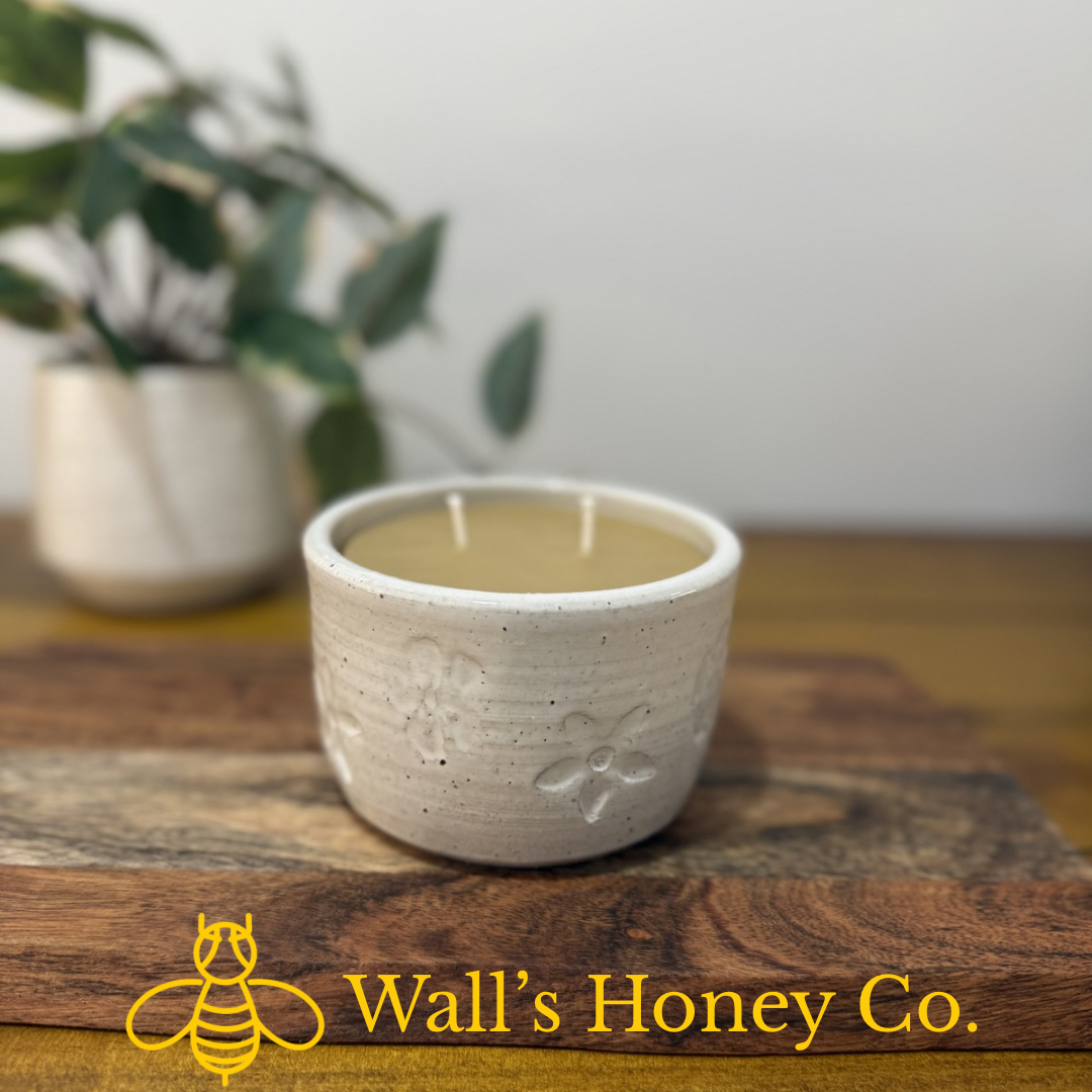 “Poppy” pure beeswax candle in local pottery