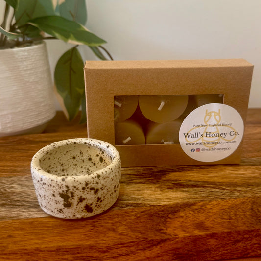 “Olive” Pottery Tall Tea Light Beeswax Candle Holder and Pack of 6 candles
