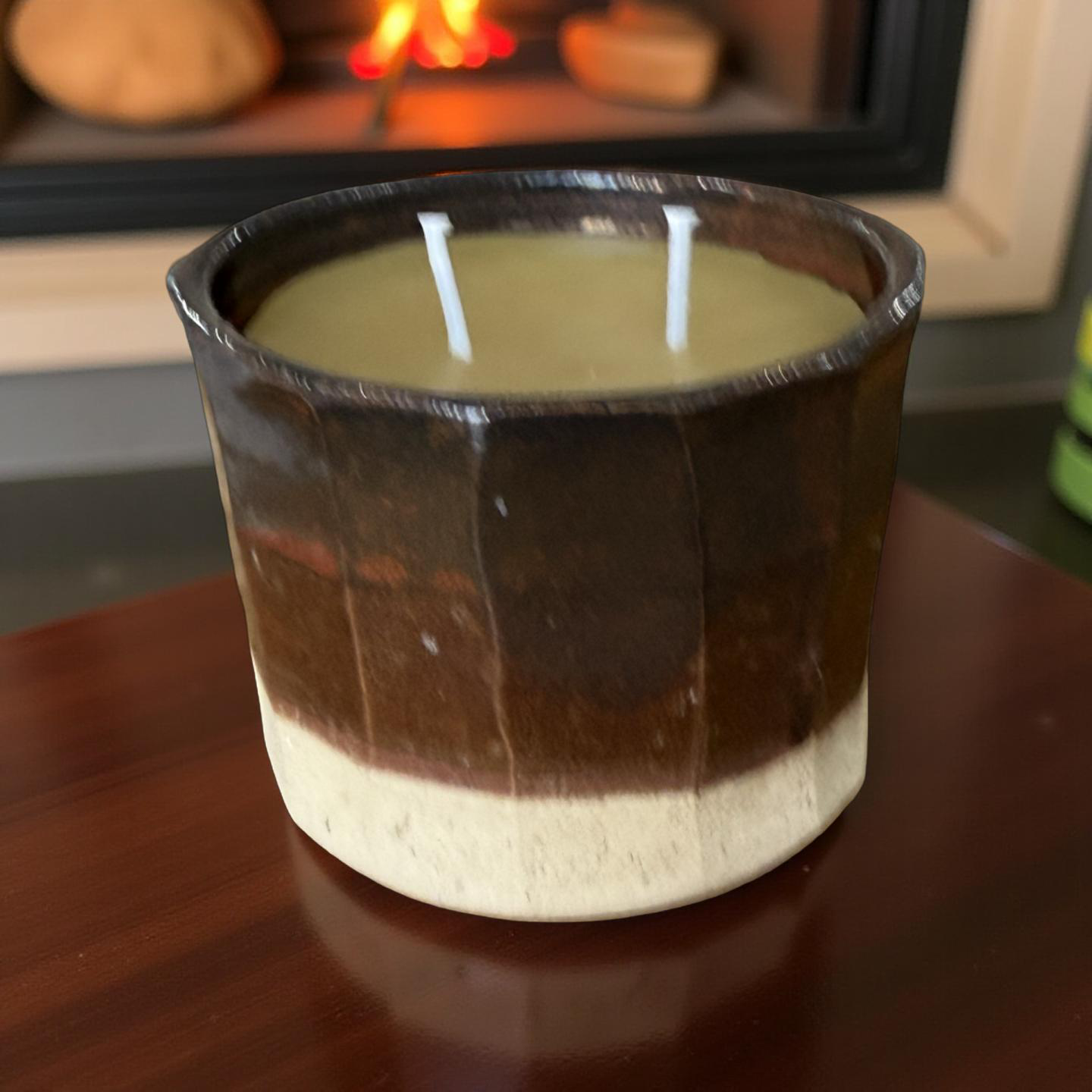 “Mocha” pure beeswax candle in local pottery