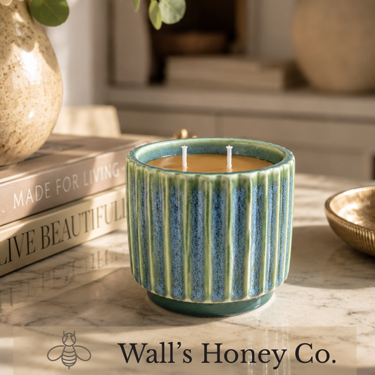 “Fern Field” pure beeswax candle in local pottery