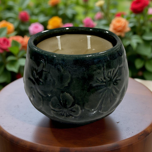 “Edith” pure beeswax candle in local pottery