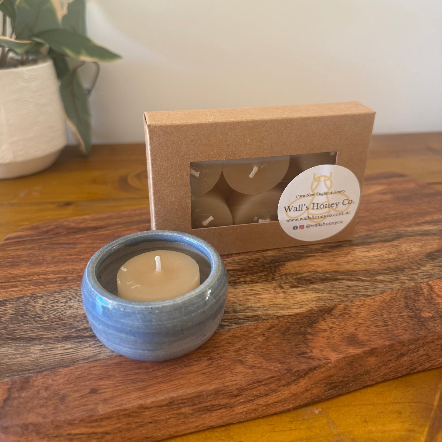 “Skye” Pottery Tall Tea Light Beeswax Candle Holder and Pack of 6 candles