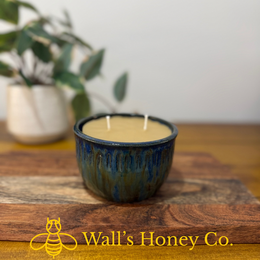 “Ivy” pure beeswax candle in local pottery