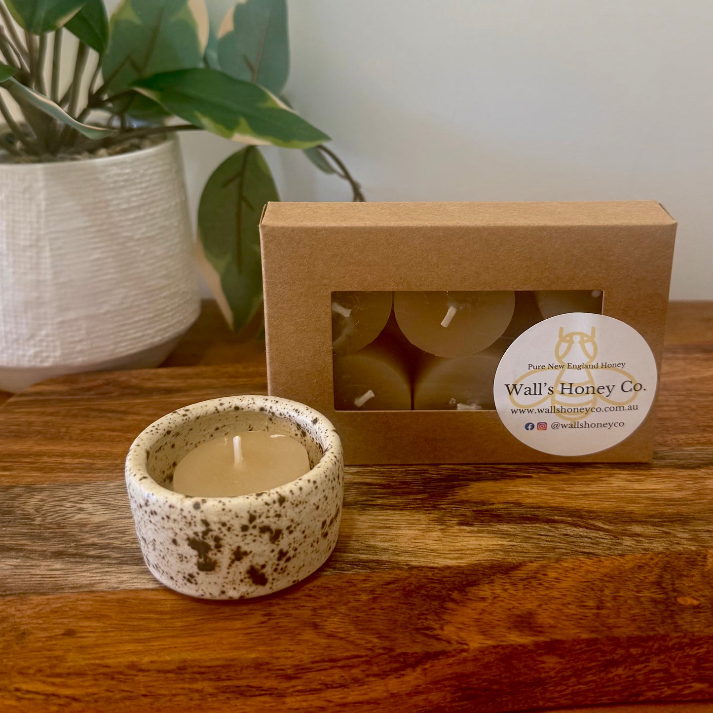 “Olive” Pottery Tall Tea Light Beeswax Candle Holder and Pack of 6 candles
