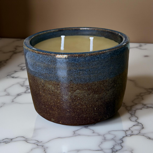 “Earth Meets Sky” pure beeswax candle in local pottery