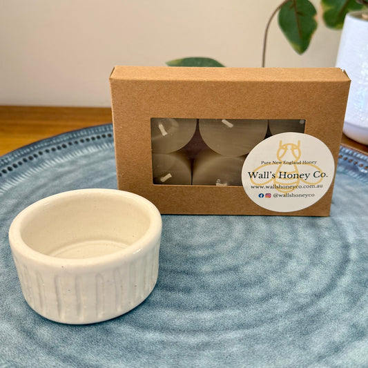 “Lark” Pottery Tall Tea Light Beeswax Candle Holder and Pack of 6 candles
