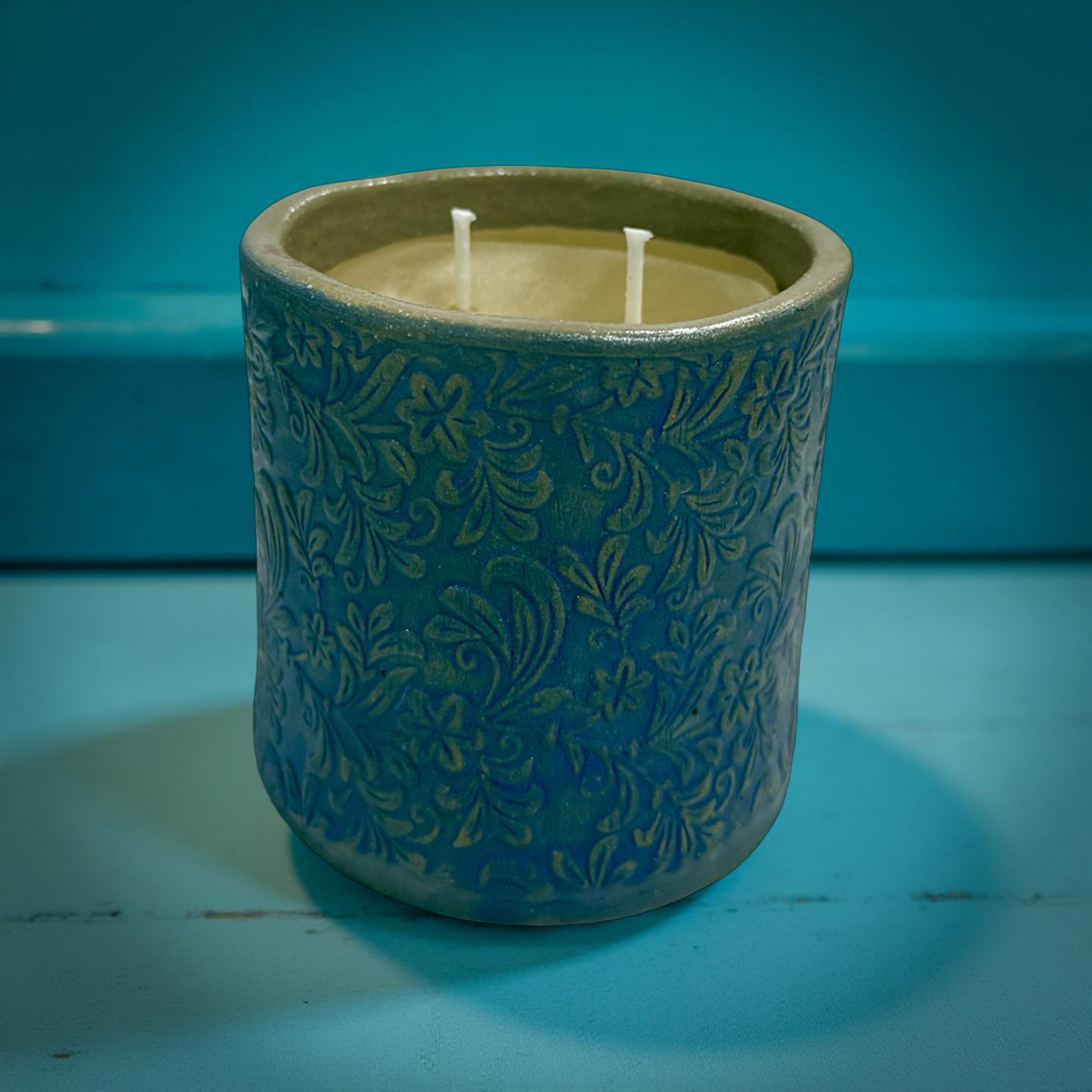 “Opal” pure beeswax candle in local pottery