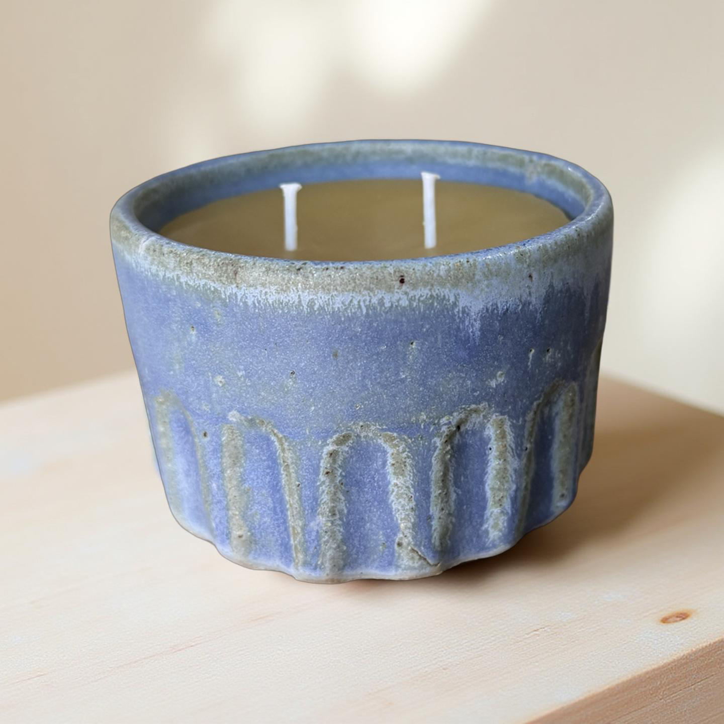 “Elsa” pure beeswax candle in local pottery