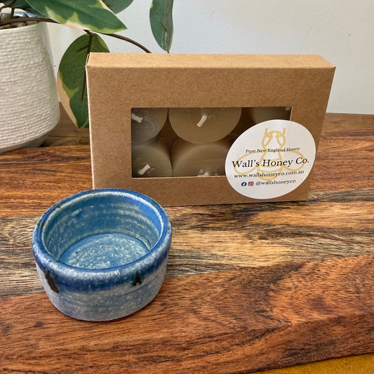 “Indigo” Pottery Tall Tea Light Beeswax Candle Holder and Pack of 6 candles