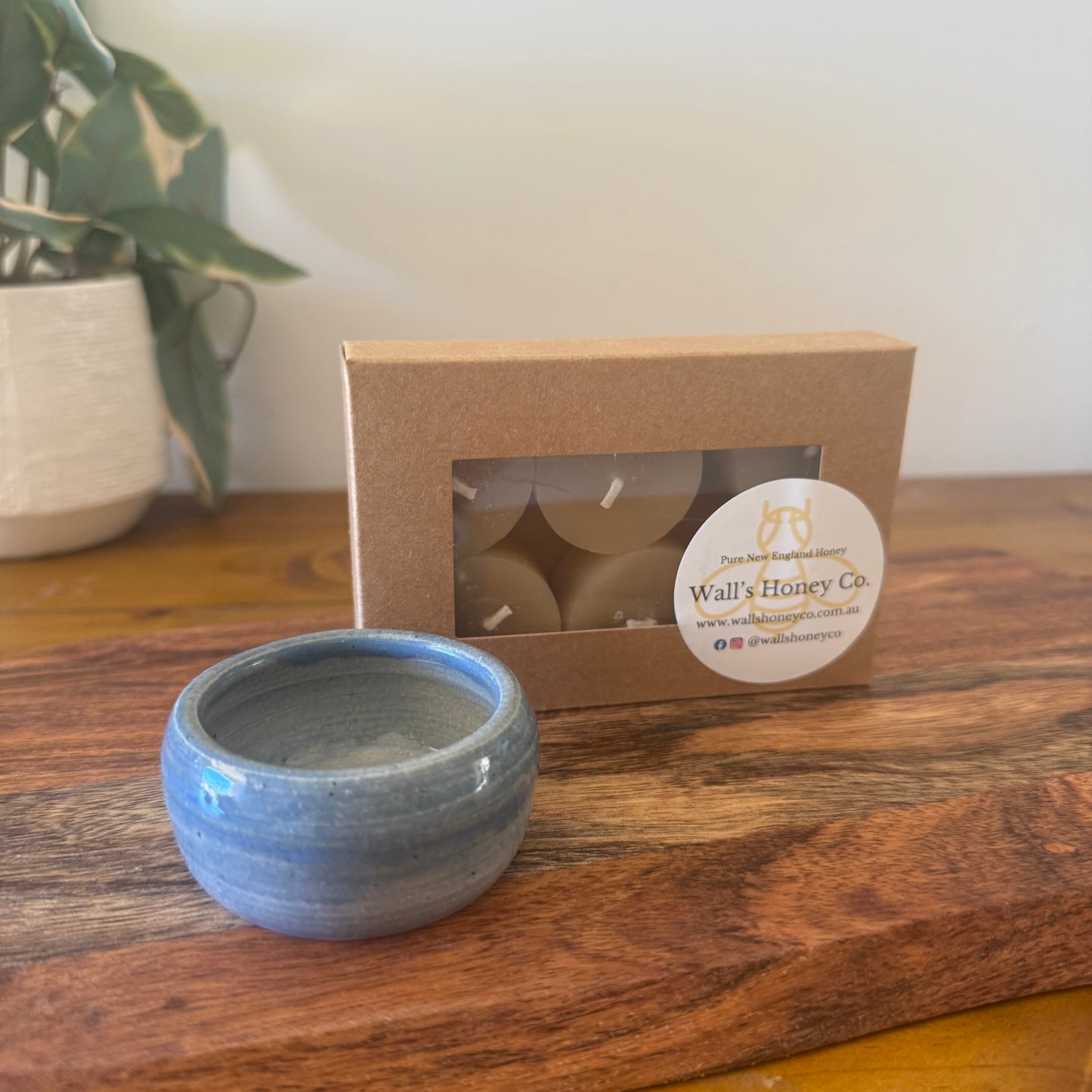 “Skye” Pottery Tall Tea Light Beeswax Candle Holder and Pack of 6 candles