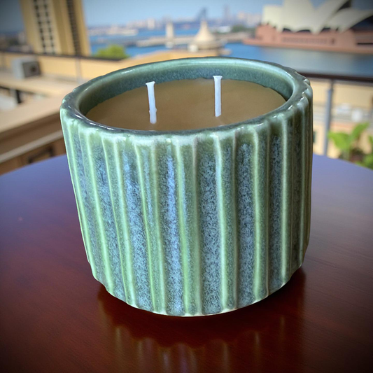 “Fern Field” pure beeswax candle in local pottery