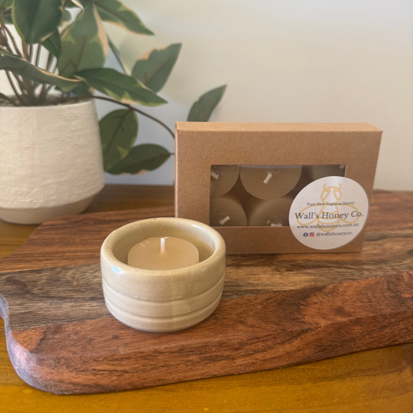 “Sand” Pottery Tall Tea Light Beeswax Candle Holder and Pack of 6 candles