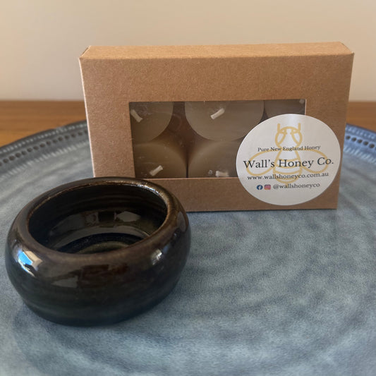 “Cody” Pottery Tall Tea Light Beeswax Candle Holder and Pack of 6 candles