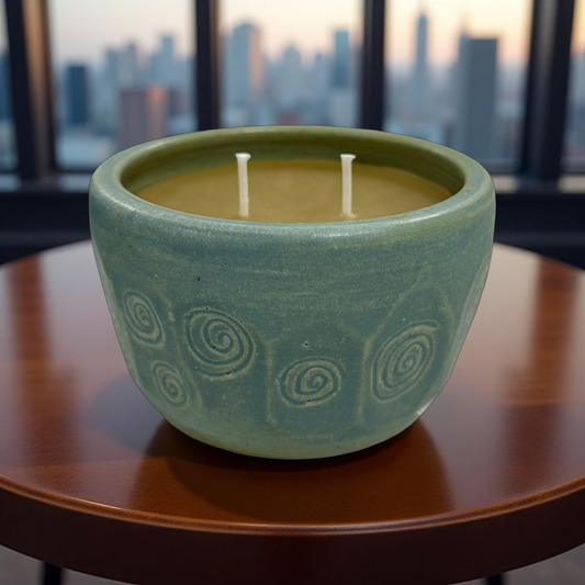 “Sophie” pure beeswax candle in local pottery
