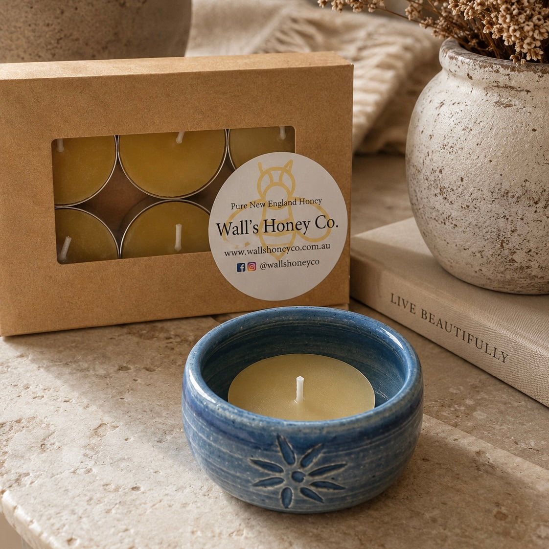 “Bloom” Pottery Tea Light Beeswax Candle Holder and Pack of 6 candles