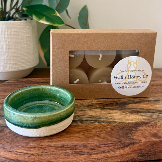 “River” Pottery Tall Tea Light Beeswax Candle Holder and Pack of 6 candles