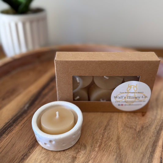 “Dotti” Pottery Tall Tea Light Beeswax Candle Holder and Pack of 6 candles