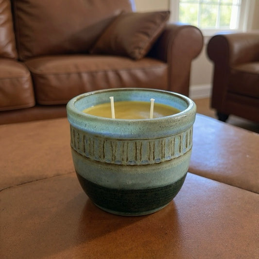 “Nora” pure beeswax candle in local pottery