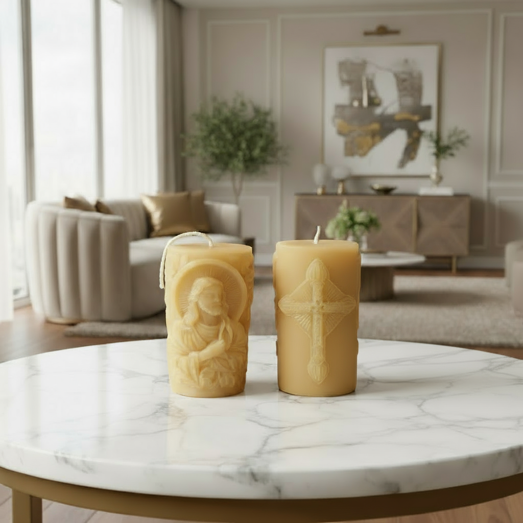 Pure Beeswax Candle with Image of Jesus and Ornate Cross